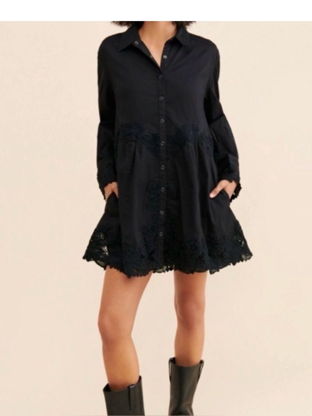 Free People Black Embroidered tunic Dress boho lace trim button front XS